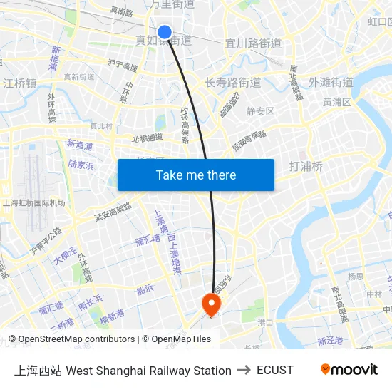 West Shanghai Railway Station to ECUST map