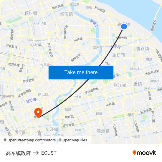 Gaodong Town Government to ECUST map