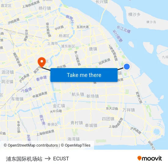 Pudong International Airport Station to ECUST map