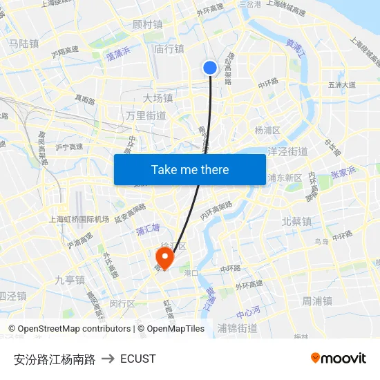 Anfen Road & Jiangyang South Road to ECUST map