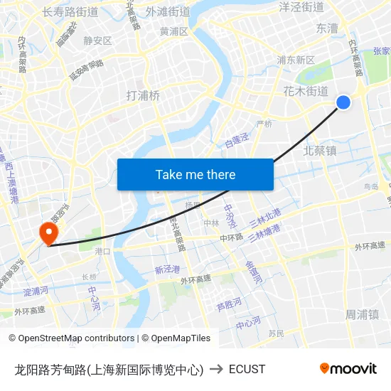 Longyang Road & Fangdian Road (Shanghai New International Expo Center) to ECUST map