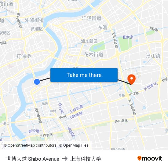世博大道 Shibo Avenue to 上海科技大学 map