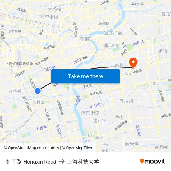 虹莘路 Hongxin Road to 上海科技大学 map