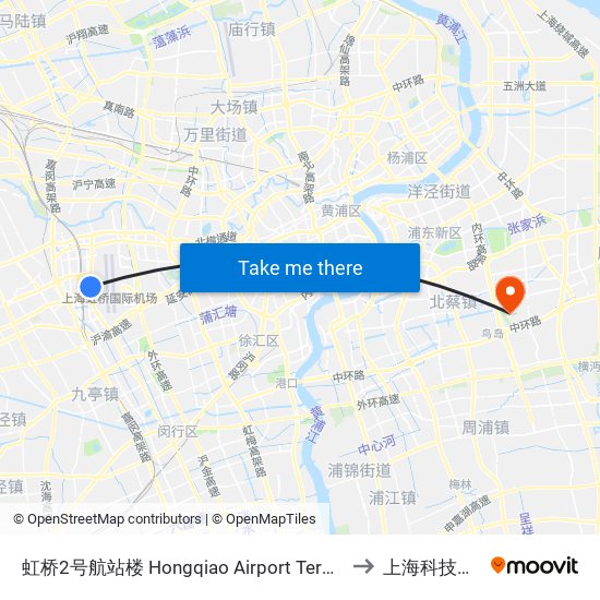 虹桥2号航站楼 Hongqiao Airport Terminal 2 to 上海科技大学 map