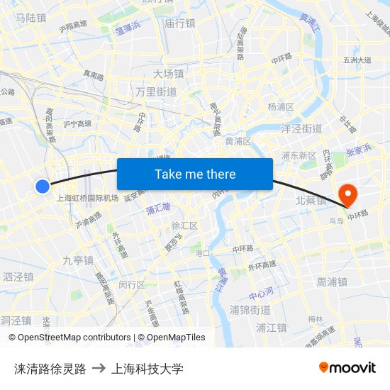 涞清路徐灵路 to 上海科技大学 map