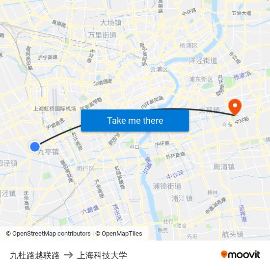九杜路越联路 to 上海科技大学 map