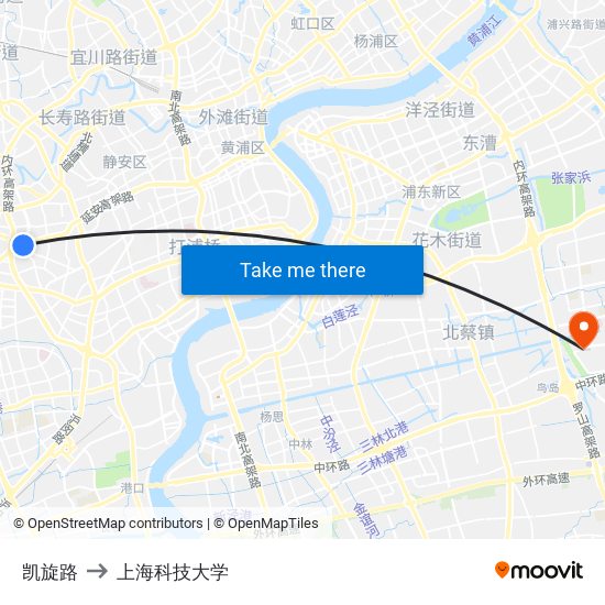 凯旋路 to 上海科技大学 map