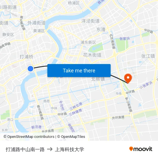 打浦路中山南一路 to 上海科技大学 map