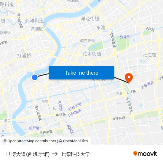 世博大道(西班牙馆) to 上海科技大学 map