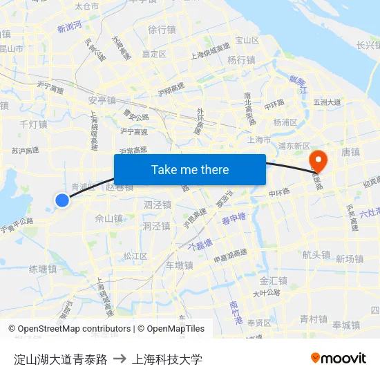 淀山湖大道青泰路 to 上海科技大学 map