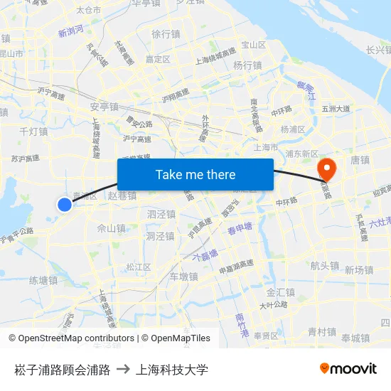 崧子浦路顾会浦路 to 上海科技大学 map
