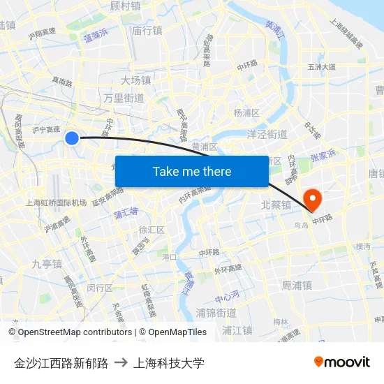 金沙江西路新郁路 to 上海科技大学 map
