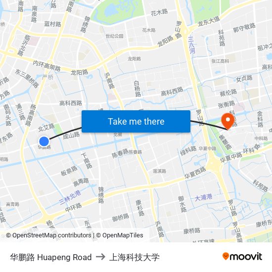 华鹏路 Huapeng Road to 上海科技大学 map