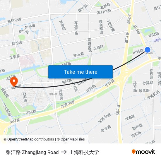 张江路 Zhangjiang Road to 上海科技大学 map