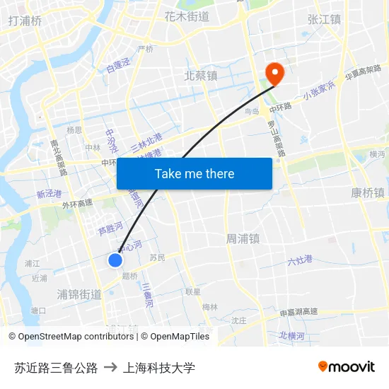 苏近路三鲁公路 to 上海科技大学 map