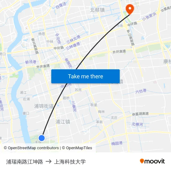 浦瑞南路江坤路 to 上海科技大学 map