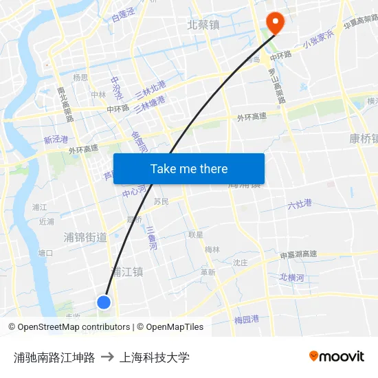 浦驰南路江坤路 to 上海科技大学 map