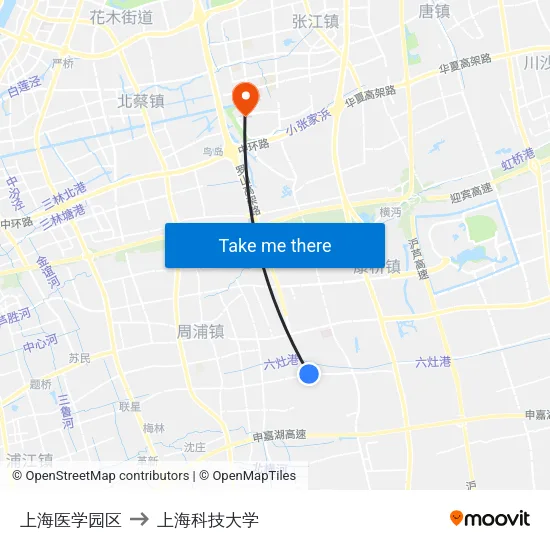 上海医学园区 to 上海科技大学 map