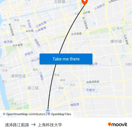 浦涛路江航路 to 上海科技大学 map