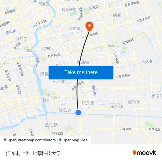 汇东村 to 上海科技大学 map