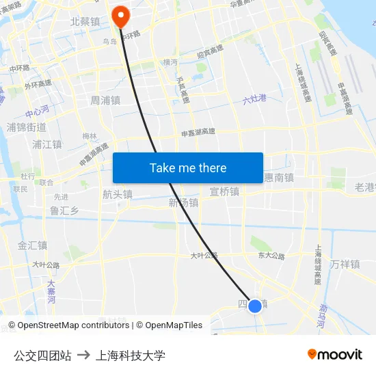 公交四团站 to 上海科技大学 map