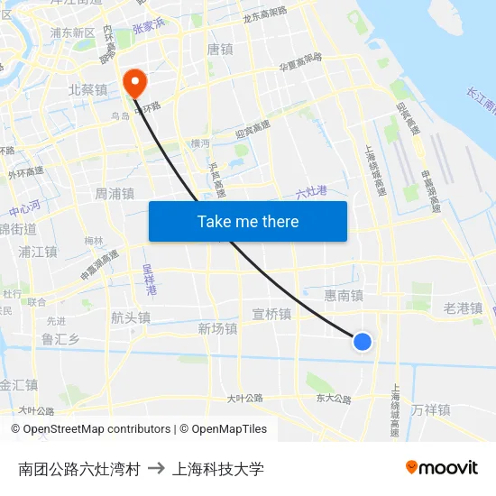 南团公路六灶湾村 to 上海科技大学 map