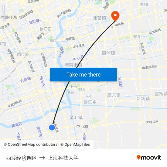 西渡经济园区 to 上海科技大学 map