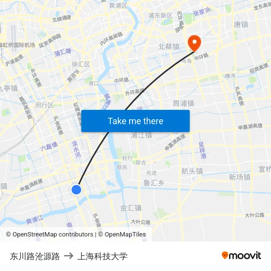 东川路沧源路 to 上海科技大学 map