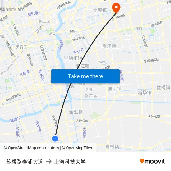 陈桥路奉浦大道 to 上海科技大学 map