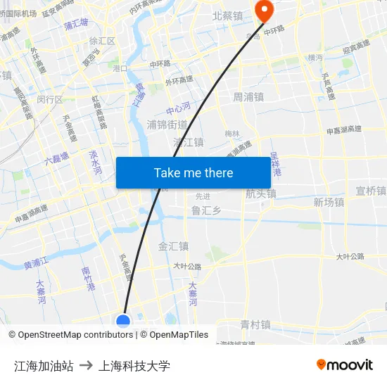 江海加油站 to 上海科技大学 map