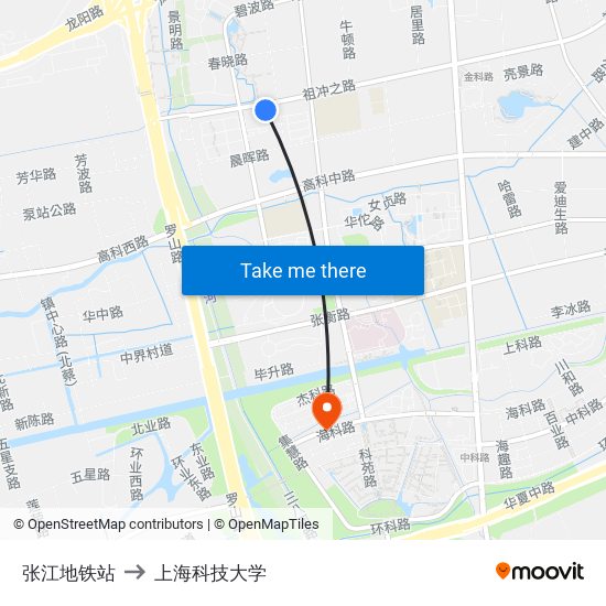 张江地铁站 to 上海科技大学 map