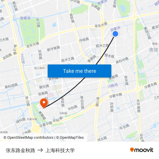 张东路金秋路 to 上海科技大学 map
