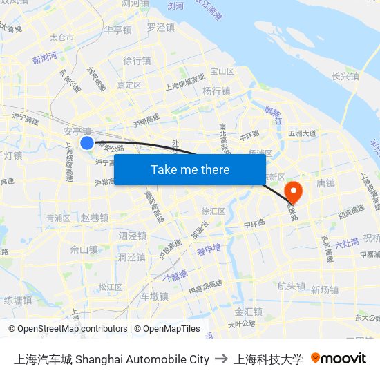 上海汽车城 Shanghai Automobile City to 上海科技大学 map