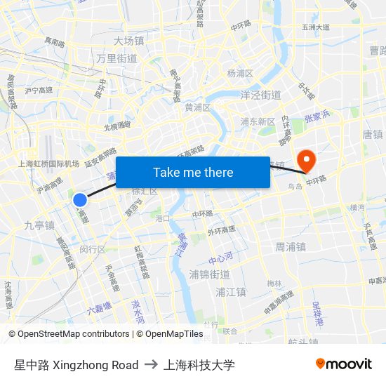 星中路 Xingzhong Road to 上海科技大学 map