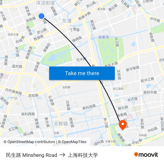 民生路 Minsheng Road to 上海科技大学 map