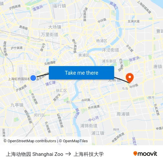上海动物园 Shanghai Zoo to 上海科技大学 map