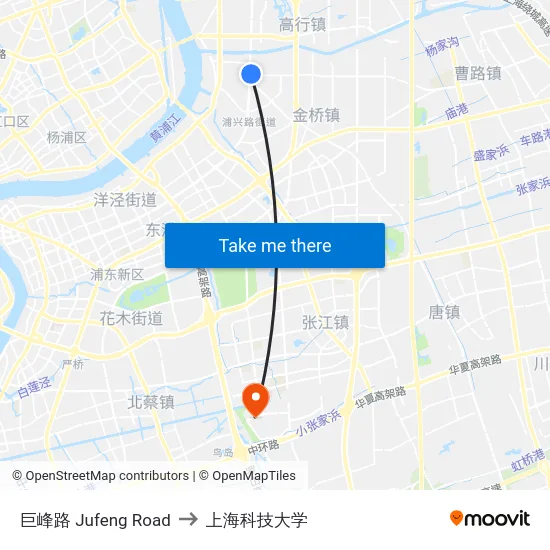 巨峰路 Jufeng Road to 上海科技大学 map
