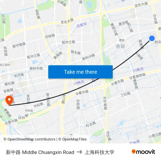 新中路 Middle Chuangxin Road to 上海科技大学 map