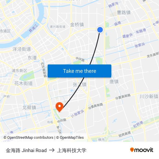 金海路 Jinhai Road to 上海科技大学 map