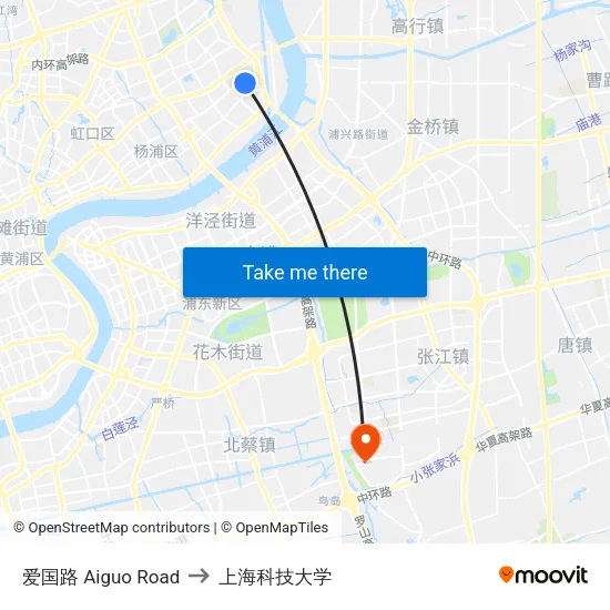 爱国路 Aiguo Road to 上海科技大学 map