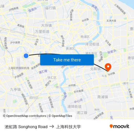 淞虹路 Songhong Road to 上海科技大学 map