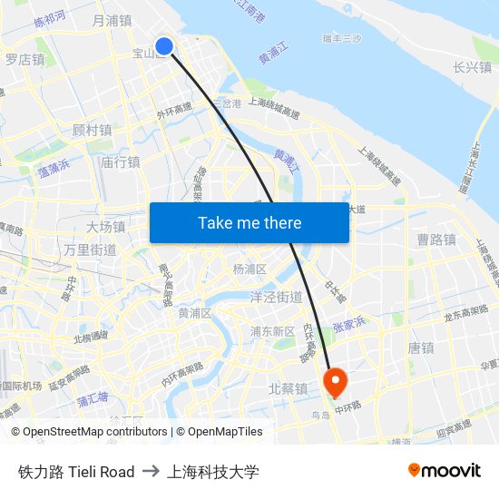 铁力路 Tieli Road to 上海科技大学 map