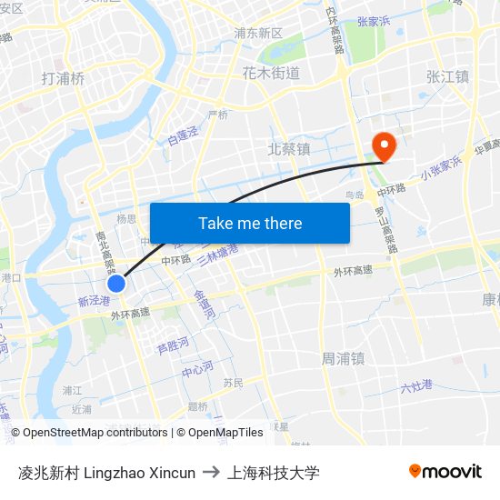 凌兆新村 Lingzhao Xincun to 上海科技大学 map