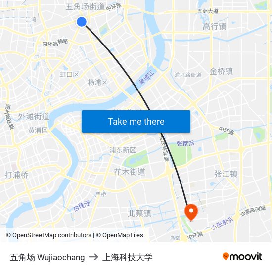 五角场 Wujiaochang to 上海科技大学 map