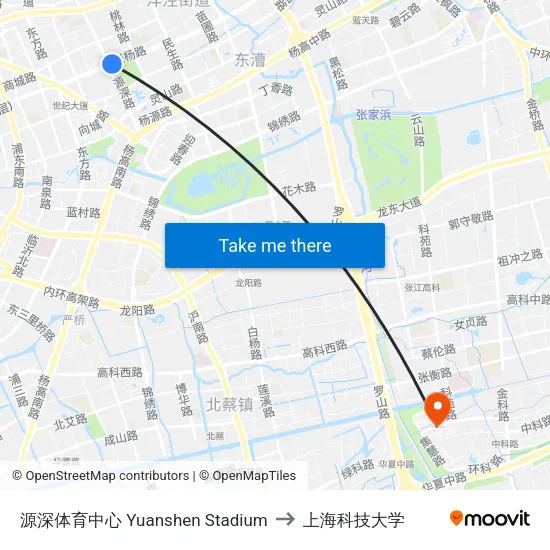 源深体育中心 Yuanshen Stadium to 上海科技大学 map