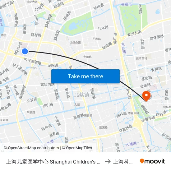上海儿童医学中心 Shanghai Children's Medical Center to 上海科技大学 map
