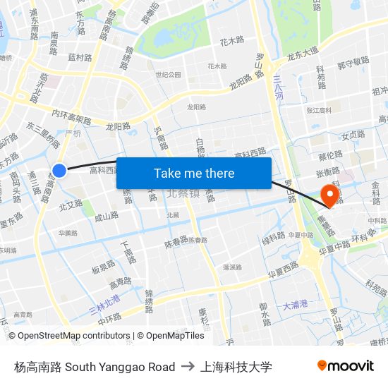 杨高南路 South Yanggao Road to 上海科技大学 map