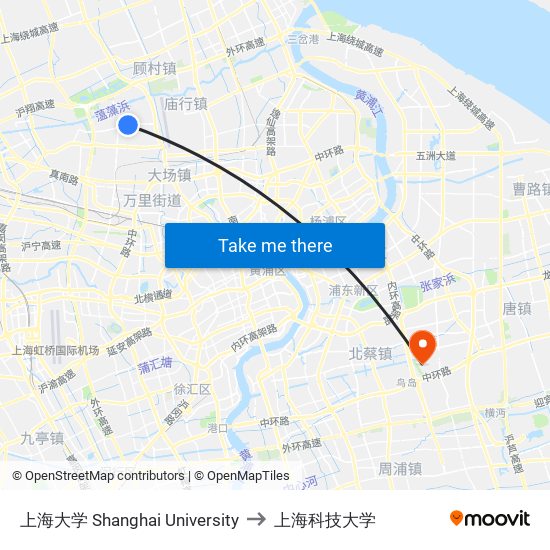 上海大学 Shanghai University to 上海科技大学 map