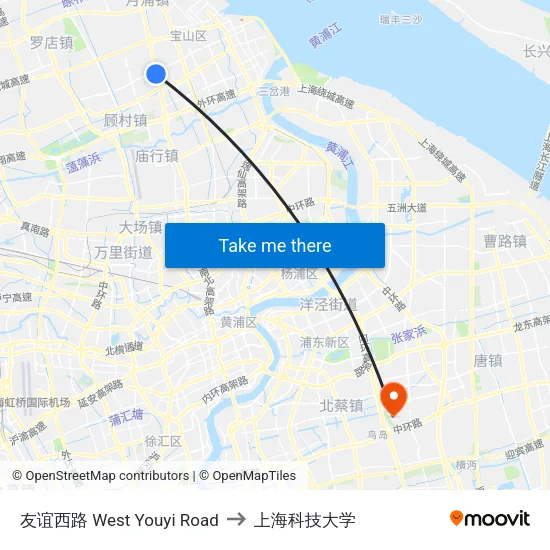 友谊西路 West Youyi Road to 上海科技大学 map