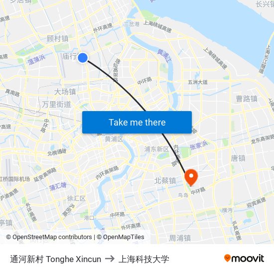 通河新村 Tonghe Xincun to 上海科技大学 map